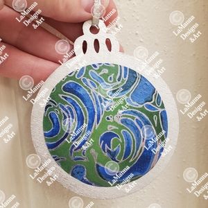 Handmade Flat wooden Blue and green swirl Christmas ornament